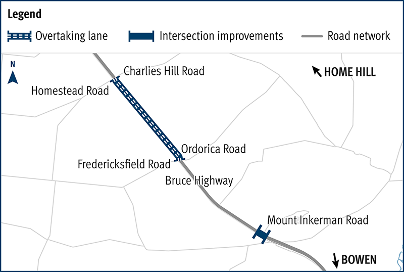 Map of project locations. Location 1 is between Homestead Road and Fredericksfield. Location 2 is at the intersection of the Bruce Highway and Mount Inkerman Road.
